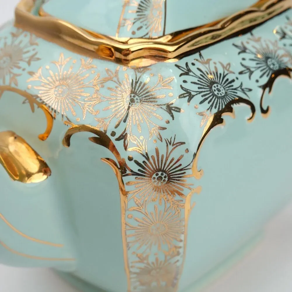 Rare SADLER Cube Teapot GREEN Gold Gilt Filigree Made in England #2085